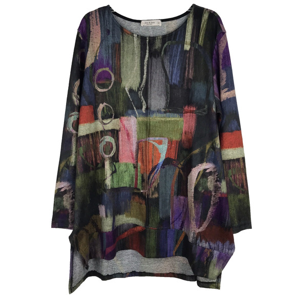 Jess & Jane Barcelona Tunic Top Long Sleeve Abstract Art to Wear Colorful Medium - Picture 2 of 8